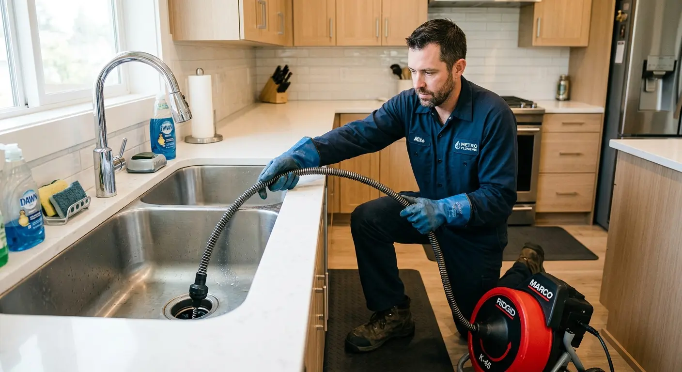 Drain cleaning technician using a motorized snake on a kitchen sink in Swannanoa