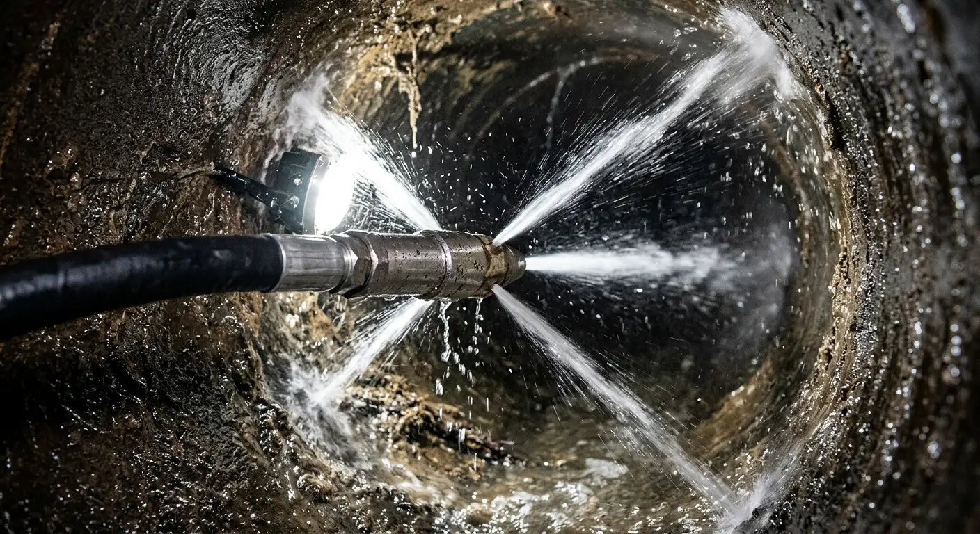 High-pressure hydro jetting nozzle cleaning sewer pipe for Trenchless Sewer Repair in Swannanoa