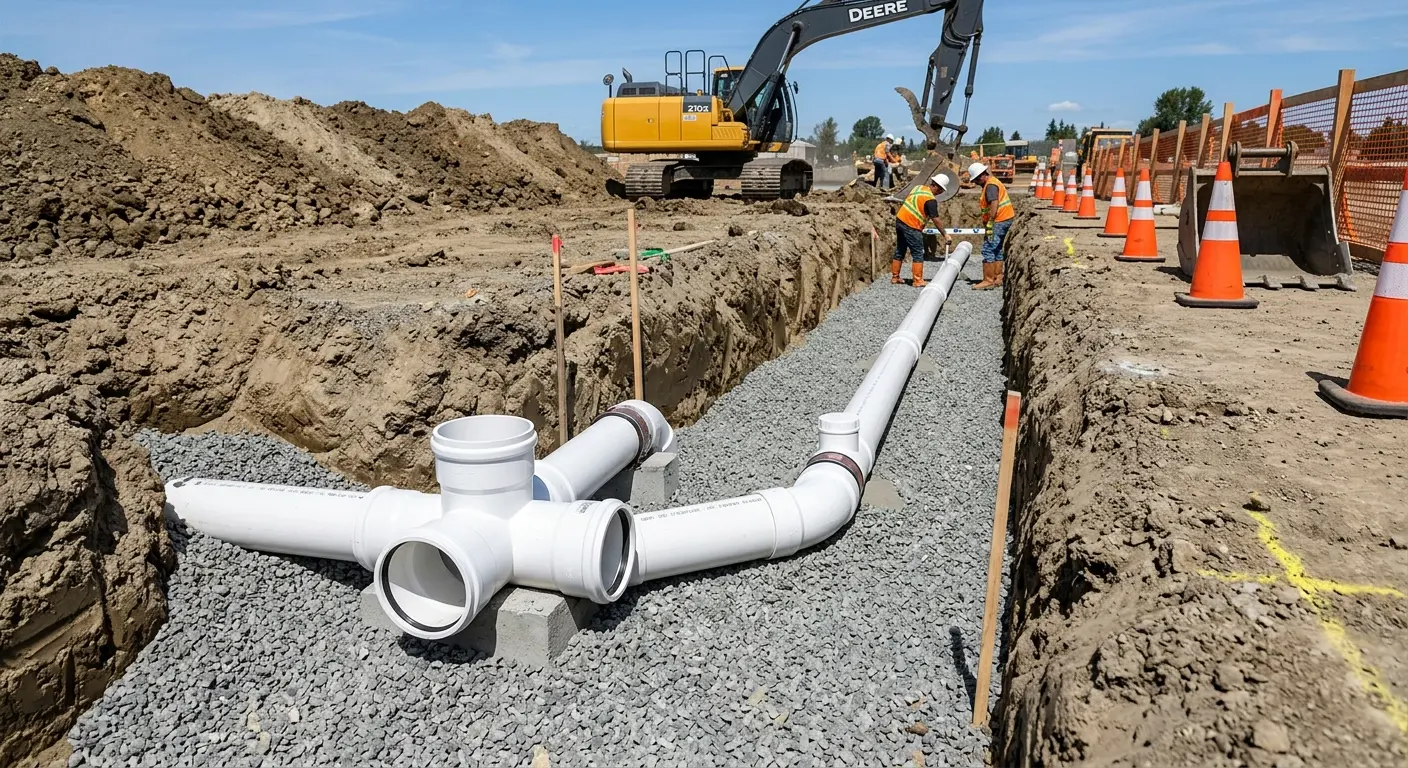 New PVC sewer pipe installation in open trench for Commercial Drain Cleaning in Swannanoa