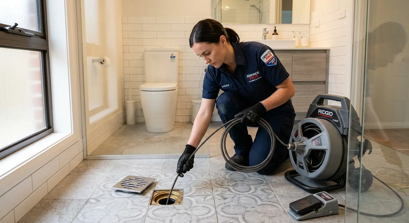 Technician clearing a bathroom floor drain for Drain Cleaning in Swannanoa